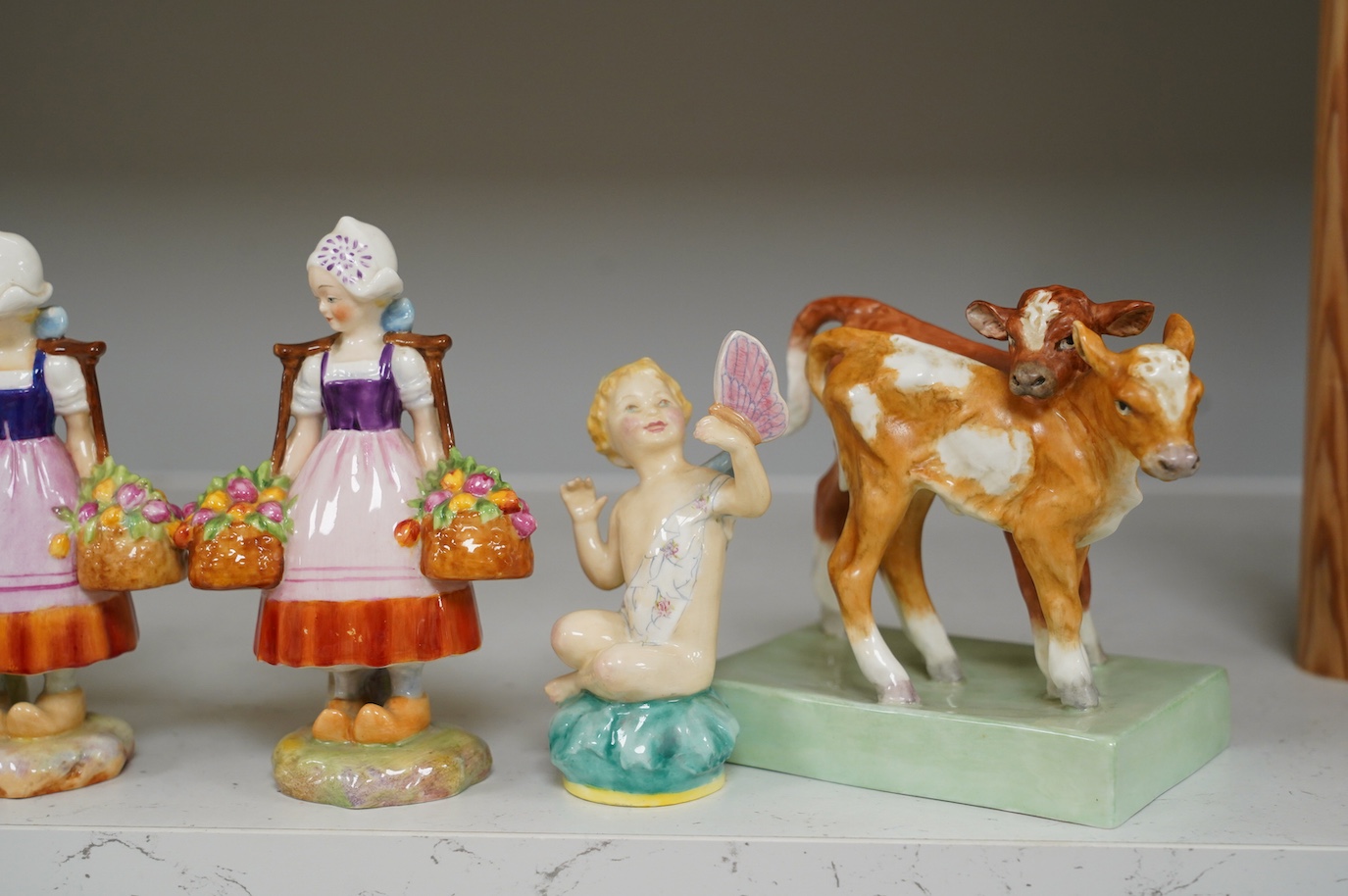 Six Royal Worcester figures, modellers, Lindner, Acheson, Gertner, largest calf 13cm wide. Condition - small chip to ear on calves model